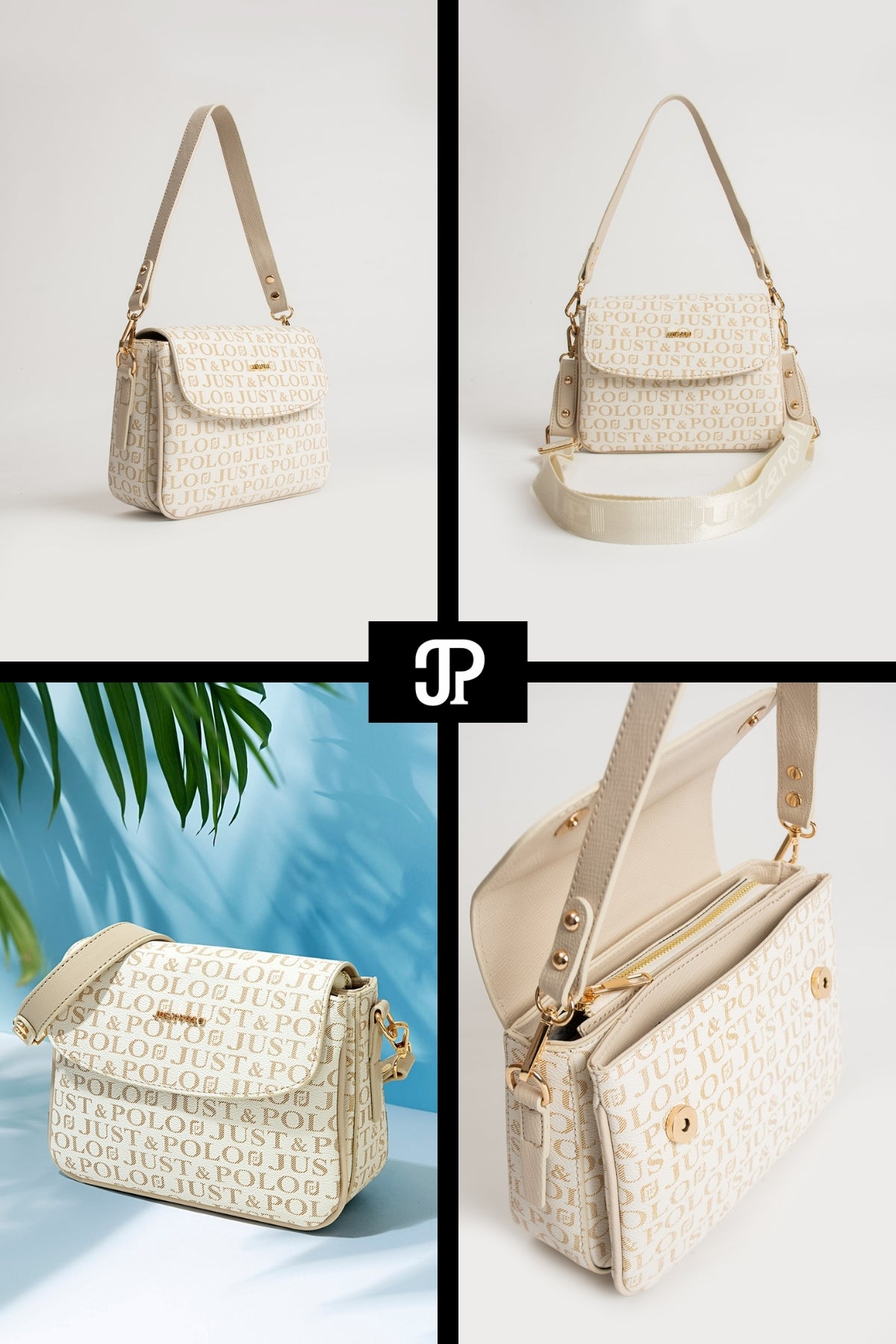 Just Polo Original Women's 4-Compartment Luxury Soft Leather Adjustable Crossbody Strap Stylish Trendy Shoulder Bag Cream - MALLTURK