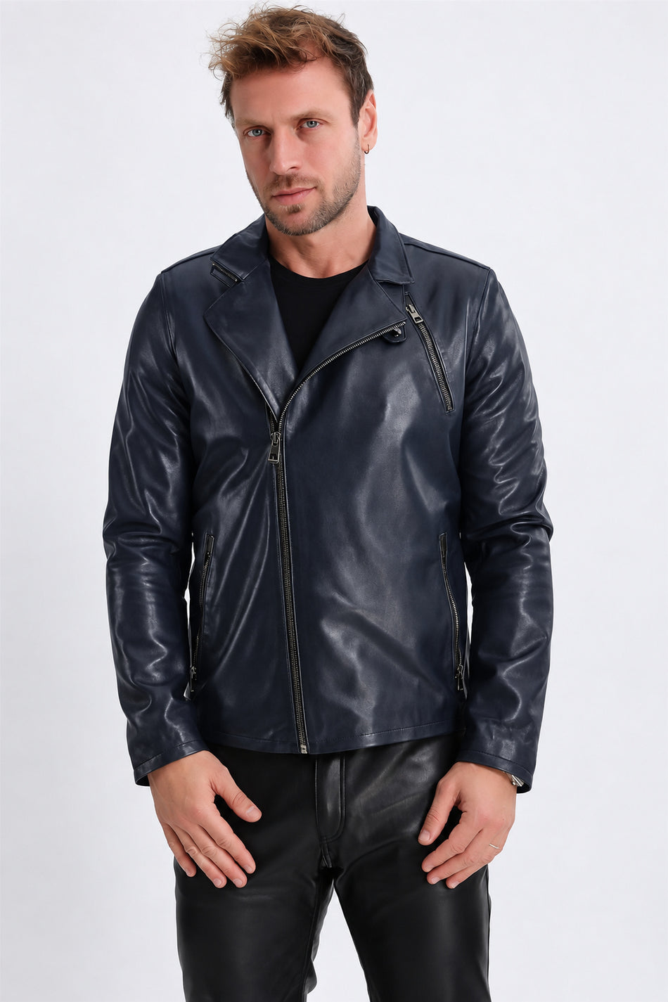 Leather Club marinblå korsjacka i läder