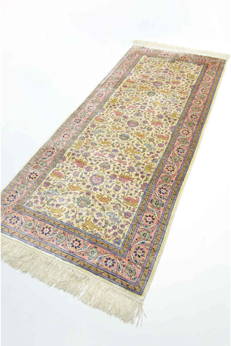 Handmade Pure Silk Hand-Woven Cream and Pink Color Kayseri Rug Runner 82x200 cm (1.64 m2)