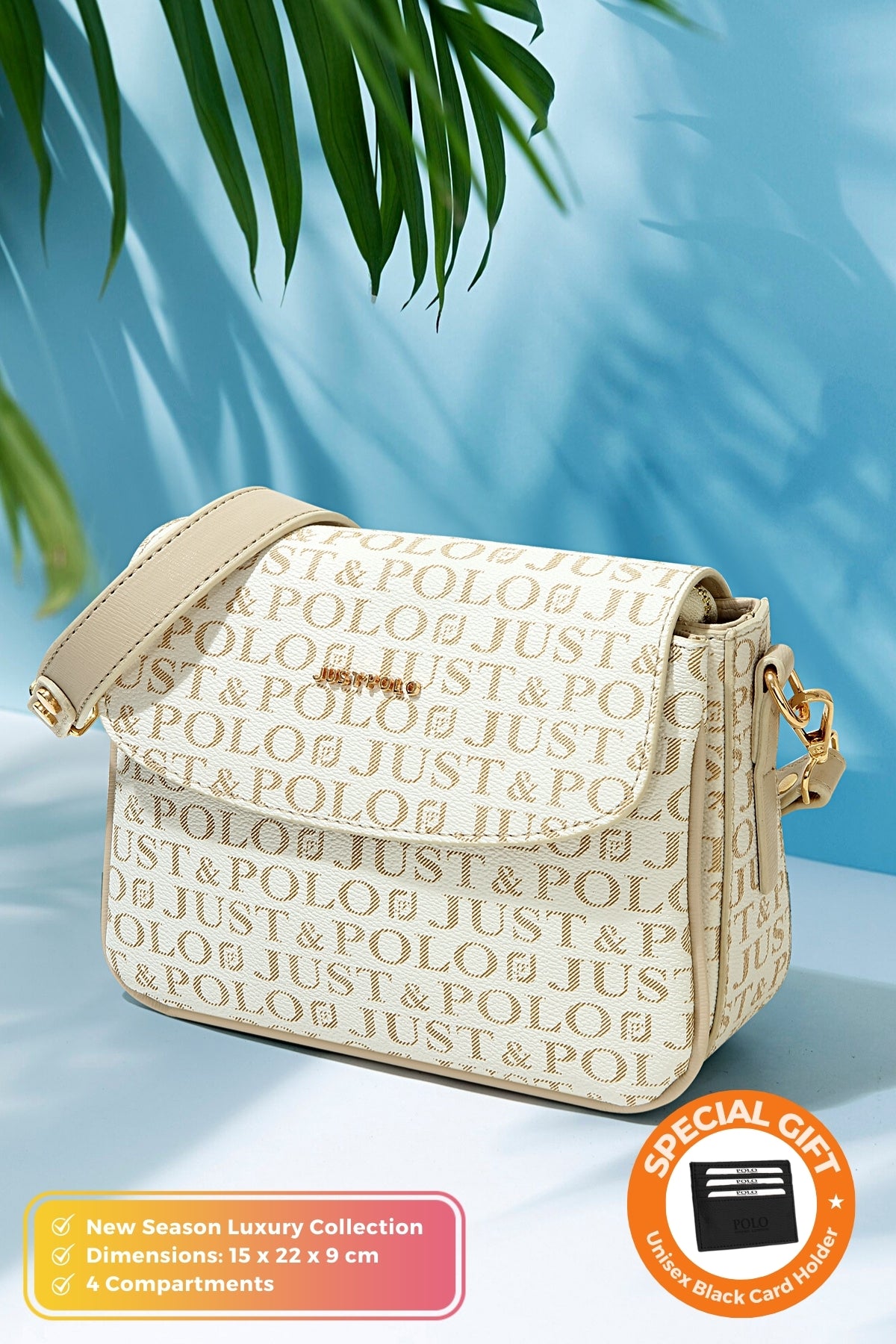 Just Polo Original Women's 4-Compartment Luxury Soft Leather Adjustable Crossbody Strap Stylish Trendy Shoulder Bag Cream - MALLTURK