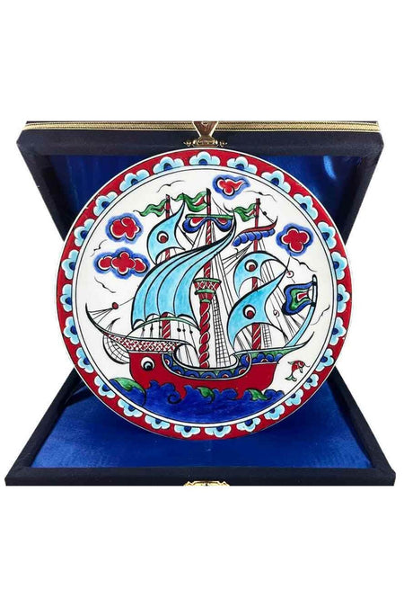 Cini Evi Iznik Tile Plate Turquoise Yelkenli Galleon Motifi 18 cm - MALLTURK