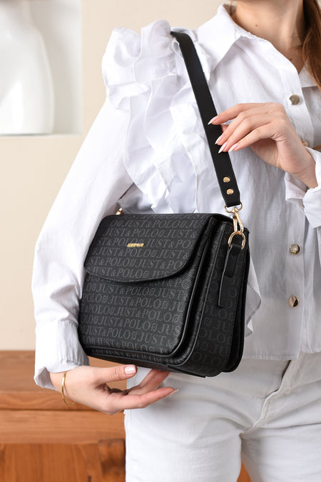 Just Polo Monogram Print Women's Handbag and Shoulder Bag Black Everyday Bag - MALLTURK