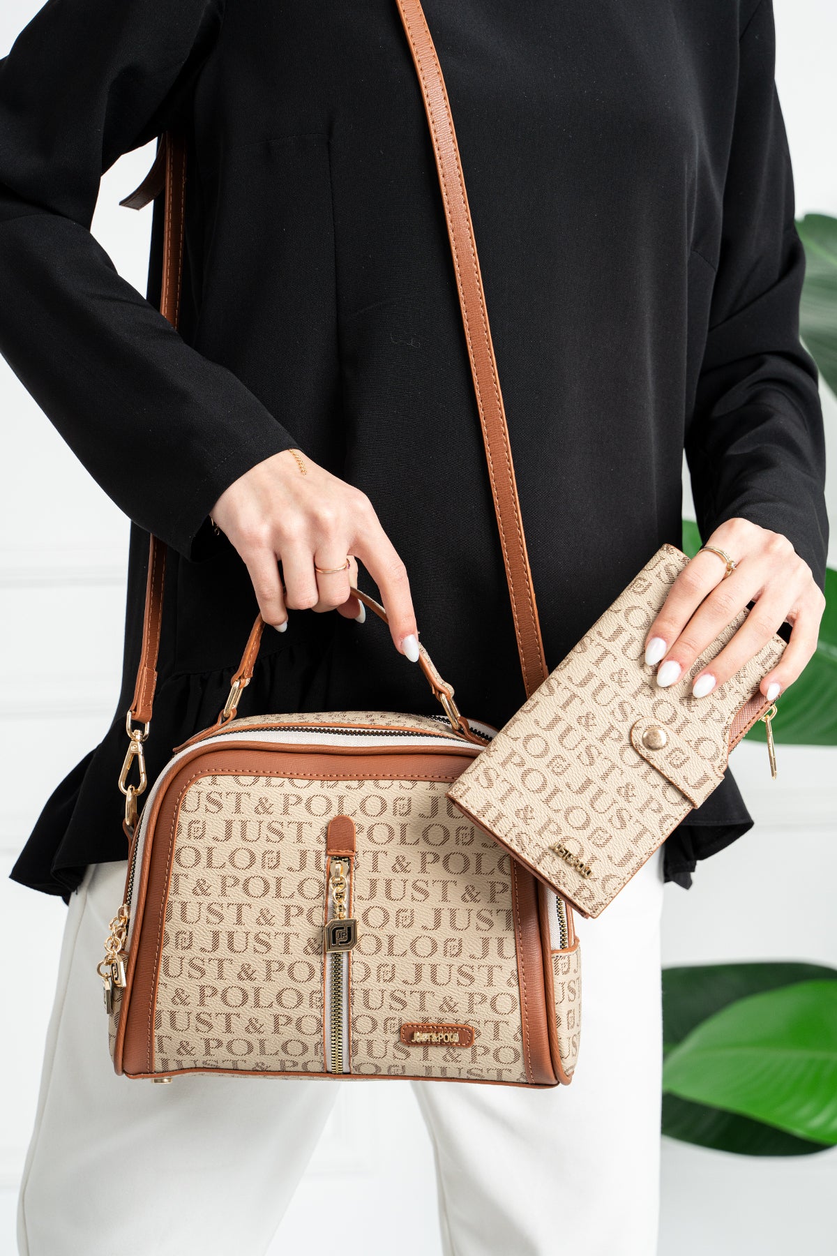Just Polo Beige Colors Adjustable Strap 2 Compartment Women's Shoulder Bag - MALLTURK