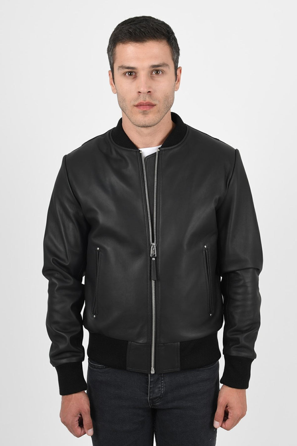 ALIN College Men's Genuine Leather Varsity Jacket Black