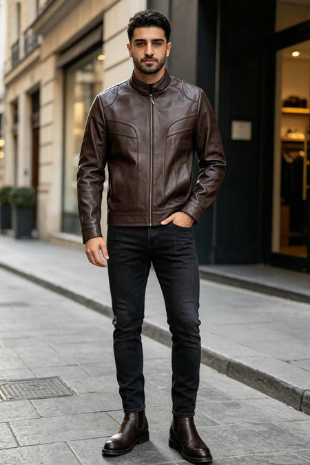 ALIN Bradley Men's Genuine Leather Slim Fit Leather Jacket Brown - MALLTURK