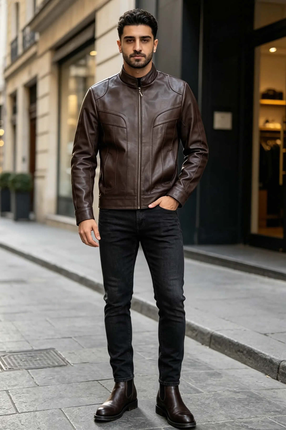 ALIN Bradley Men's Genuine Leather Slim Fit Leather Jacket Brown