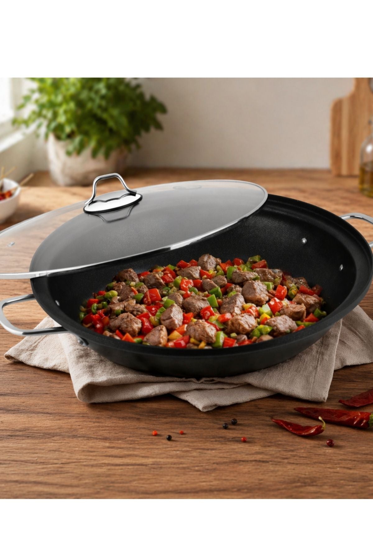 Lines Cam with Lid Granite Cast Kavurma Tenceresi Nonstick Yuzey, Derin Genis Hacim, Esit Isi Dagilimi, Dayanikli & Uzun Omurlu