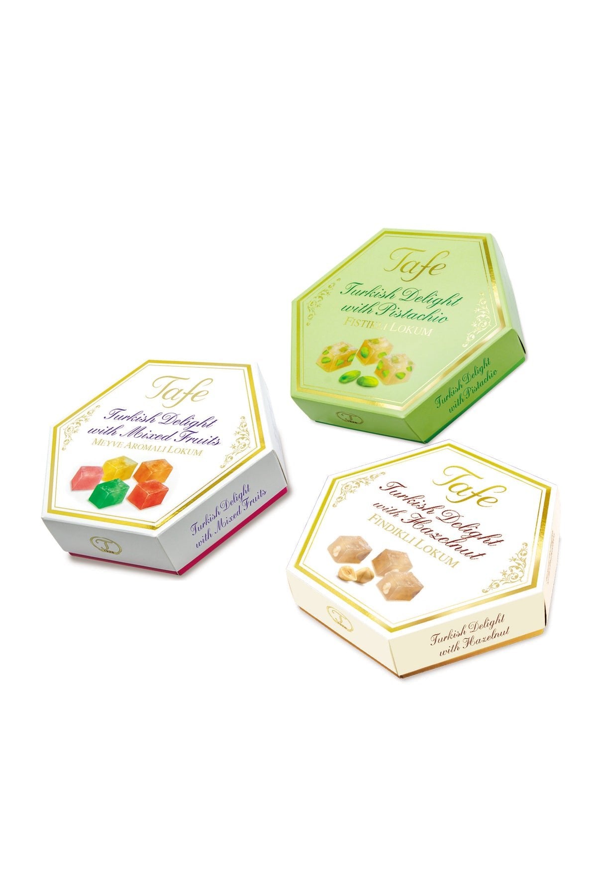 TAFE Turkish Delight 3 lu Pack Pistachio Hazelnut and Assorted Fruit Flavored altigen kutu - MALLTURK