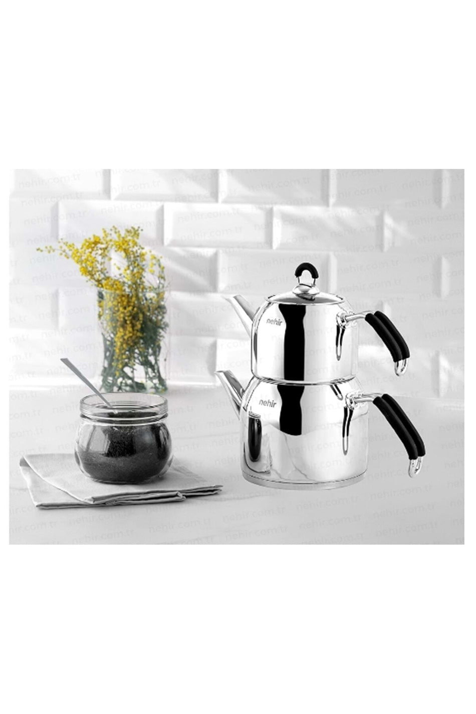 Nehir Modern Steel Teapot Set, Medium - MALLTURK