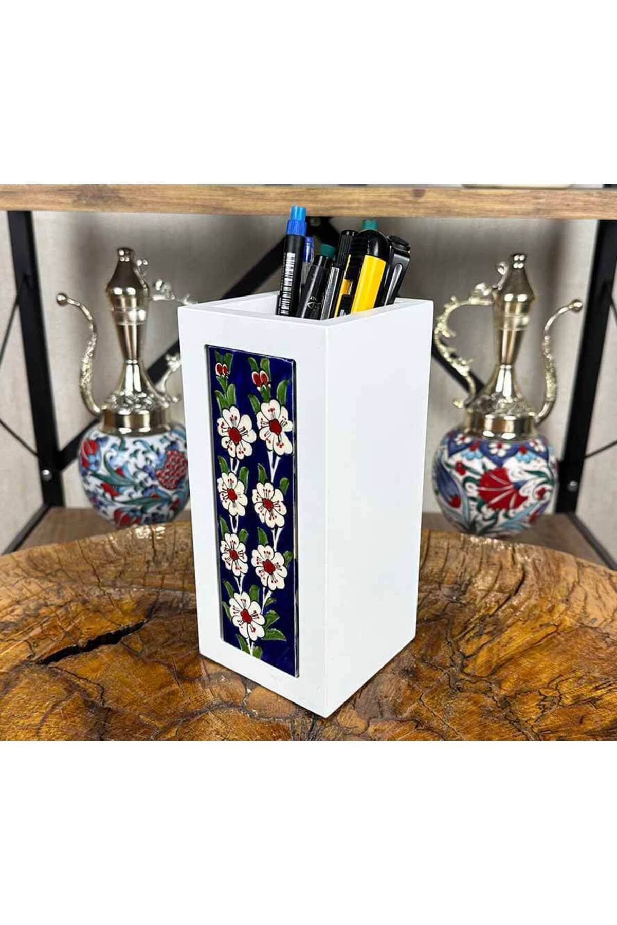 Cini Evi White Flower Garden Iznik Tile Wooden Pen Holder - MALLTURK