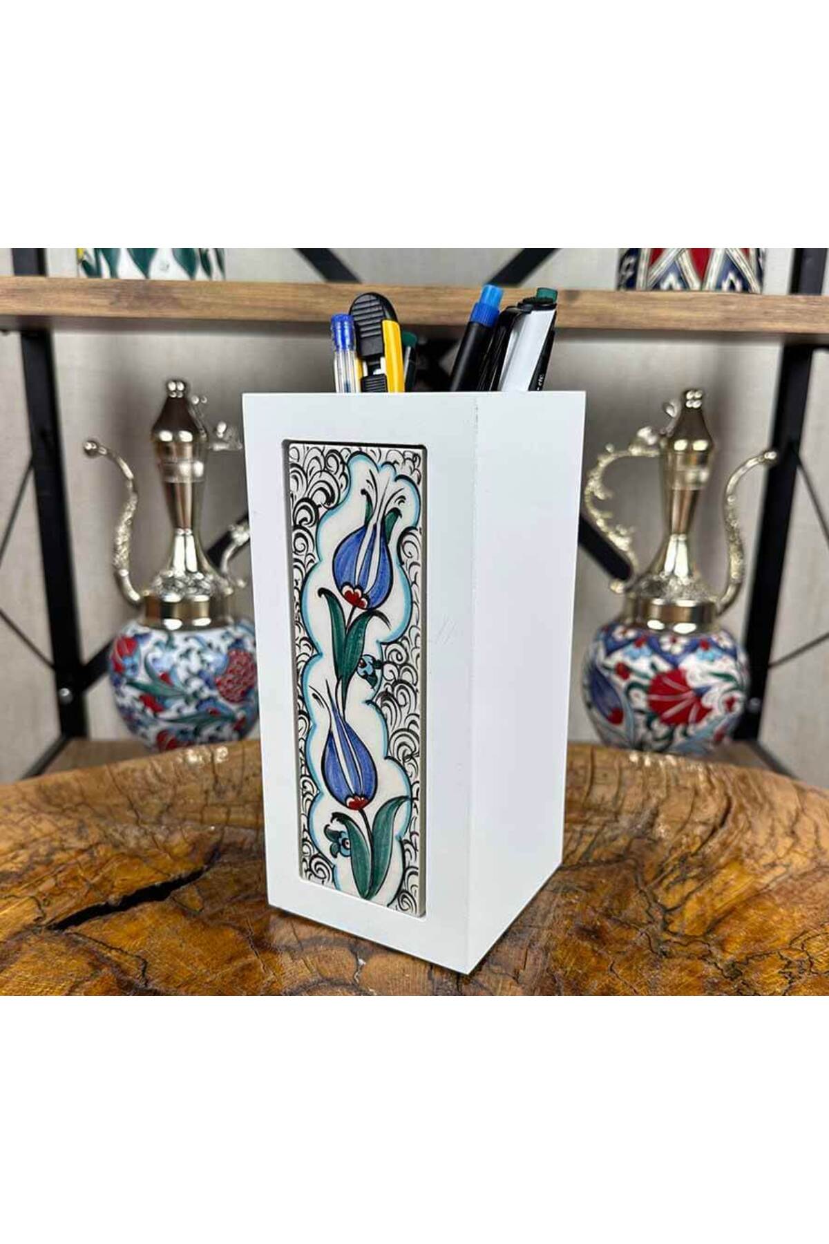 Cini Evi Blue Tulip Elegance Iznik Tile Wooden Pen Holder - MALLTURK