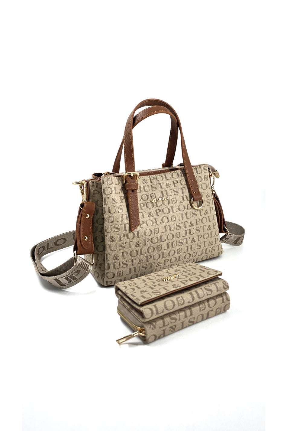 Just Polo Original Women's 3-Compartment Handbag and Shoulder Bag and Wallet Set Sand Tan