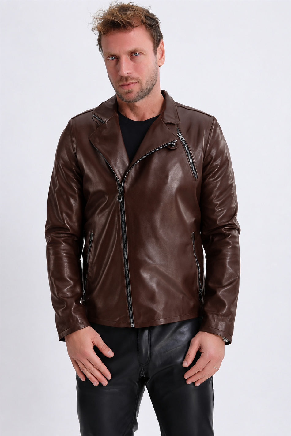 Leather Club kaffebrun korsjacka i läder