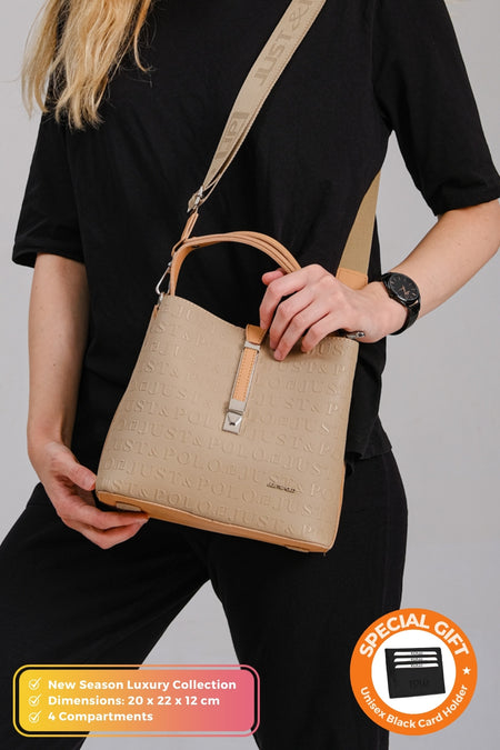 Just Polo Original Women's New Season 4-Compartment Luxury Soft Leather Crossbody Shoulder Bag with Lock Detail Brown - MALLTURK
