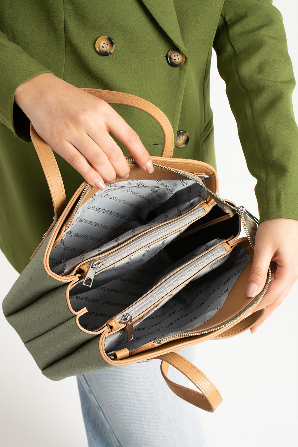 Just Polo Green Women's Embossed Zipper Closure Shoulder and Handbag with Long Adjustable Shoulder Strap - MALLTURK