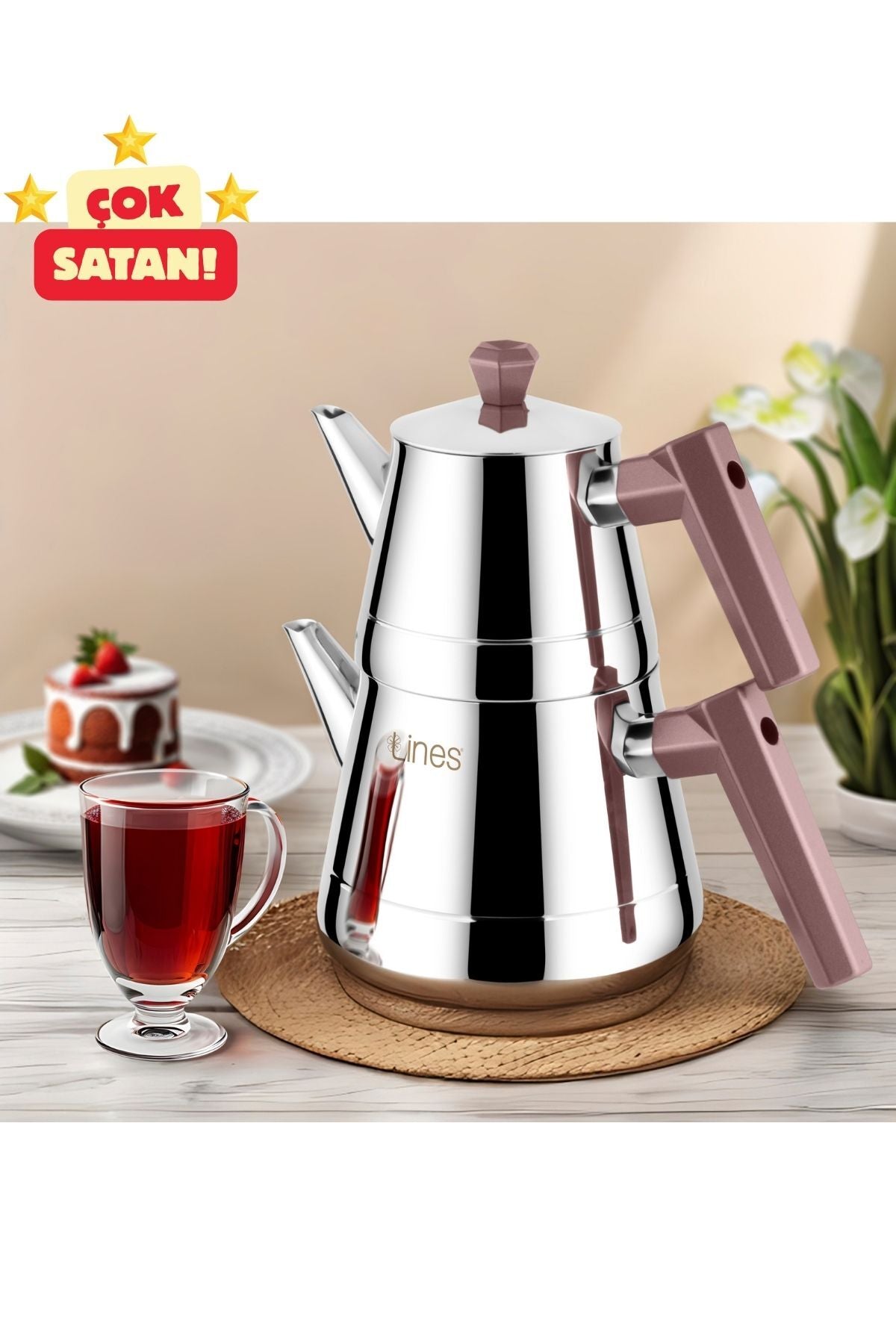 Lines Pyramid Medium Size Stainless Steel Teapot | Soft Handle, Heat Resistant, Long-lasting, Polished Steel Body - MALLTURK