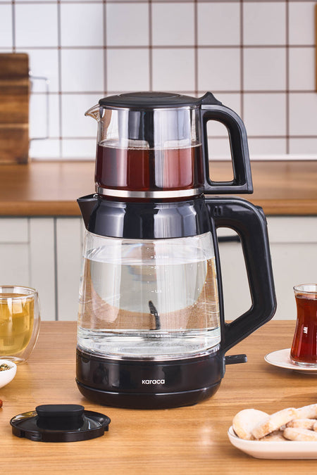 Karaca Glass Tea XL 2 in 1 Glass Tea Maker Shiny Black - MALLTURK