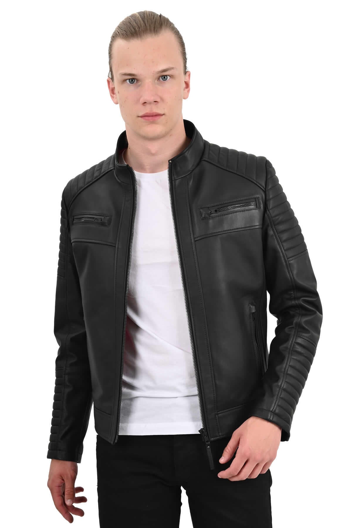 ALIN Sandor Men's Genuine Leather Embossed Stitch Leather Jacket Black - MALLTURK