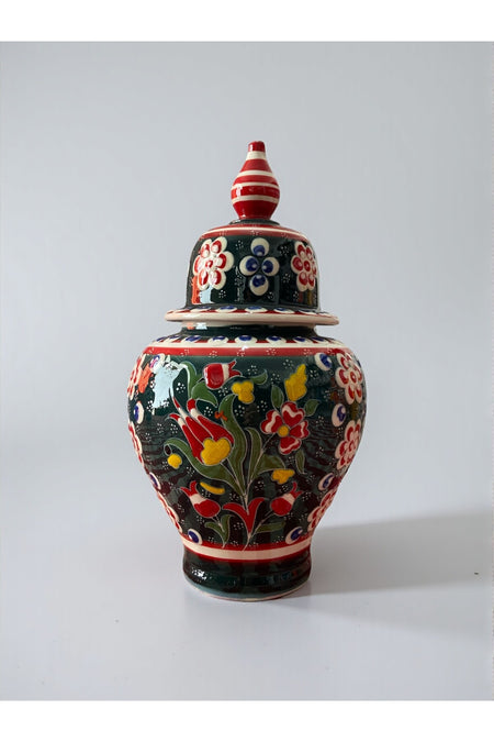 YOOS Handmade Green Wheelwork 25cm Kutahya Ceramic Shah Cube Ceramic Vase - MALLTURK