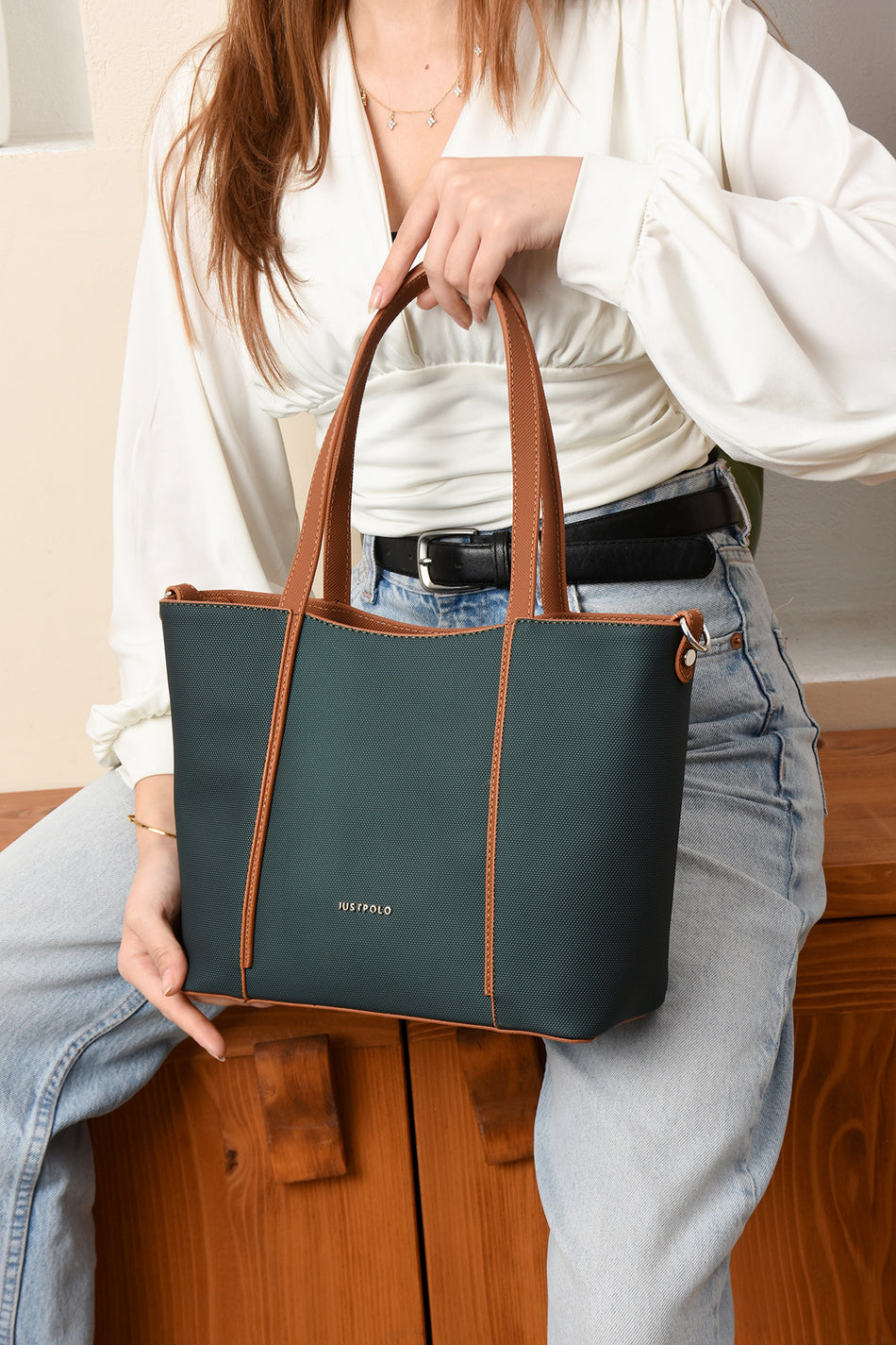 Just Polo Green & Tan Women's Hand and Shoulder Bag, New Season, Dimensions: Height: 24 cm, Width: 33 cm - MALLTURK
