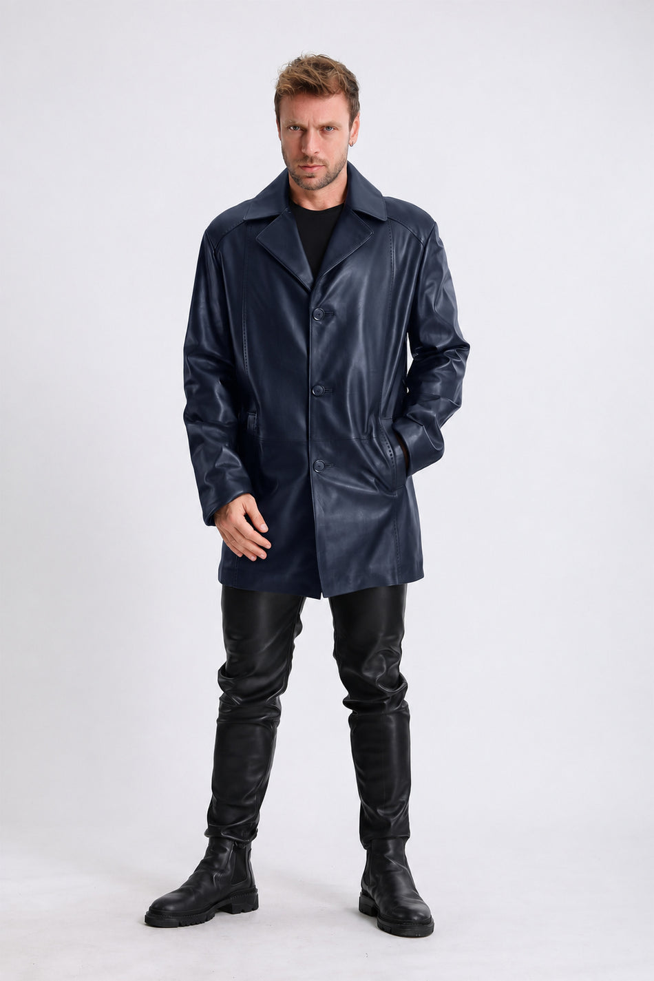 Cappotto in pelle conciata al vegetale blu navy Leather Club
