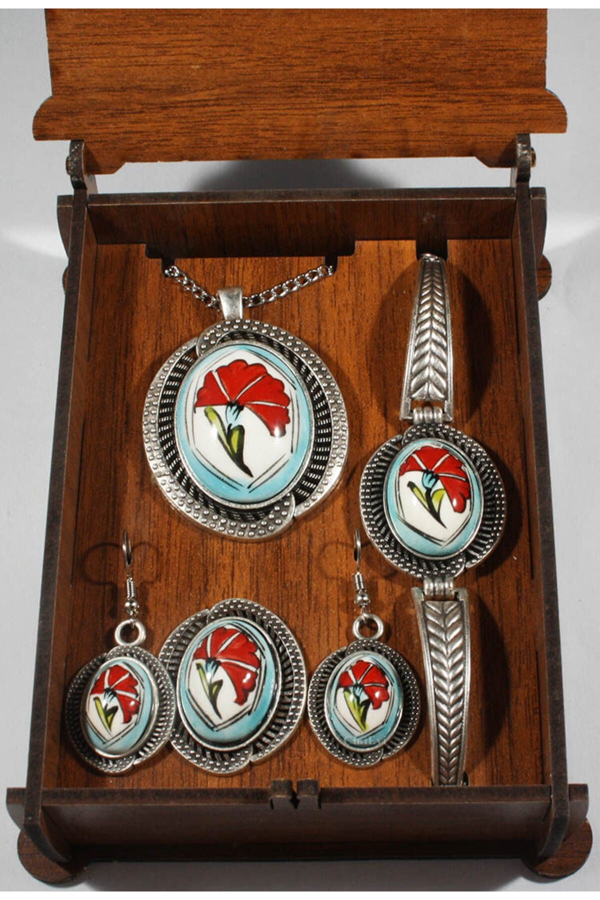 Cini Evi Turquoise Background Special Carnation Patterned Iznik Tile Jewelry Set - MALLTURK