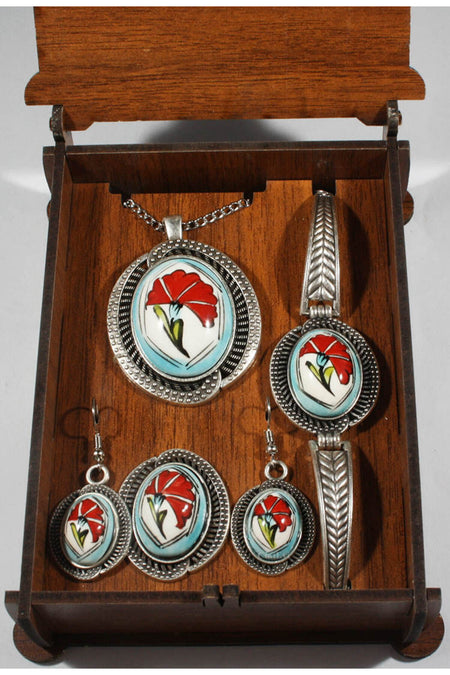Cini Evi Turquoise Background Special Carnation Patterned Iznik Tile Jewelry Set - MALLTURK