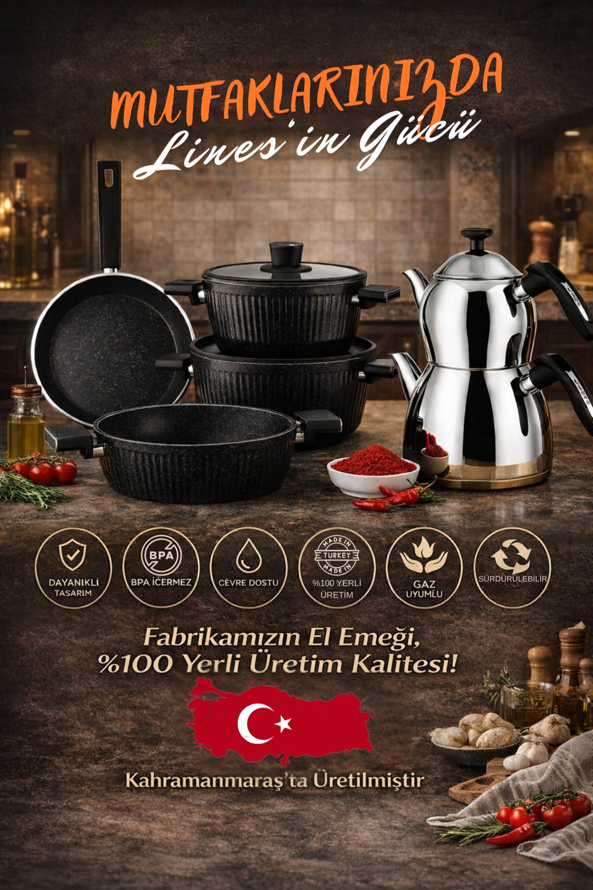 Lines Maya 7 Piece Granite Cookware Set Altin Kulp Nonstick Kaplama Cookware Set Modern Tasarim - MALLTURK