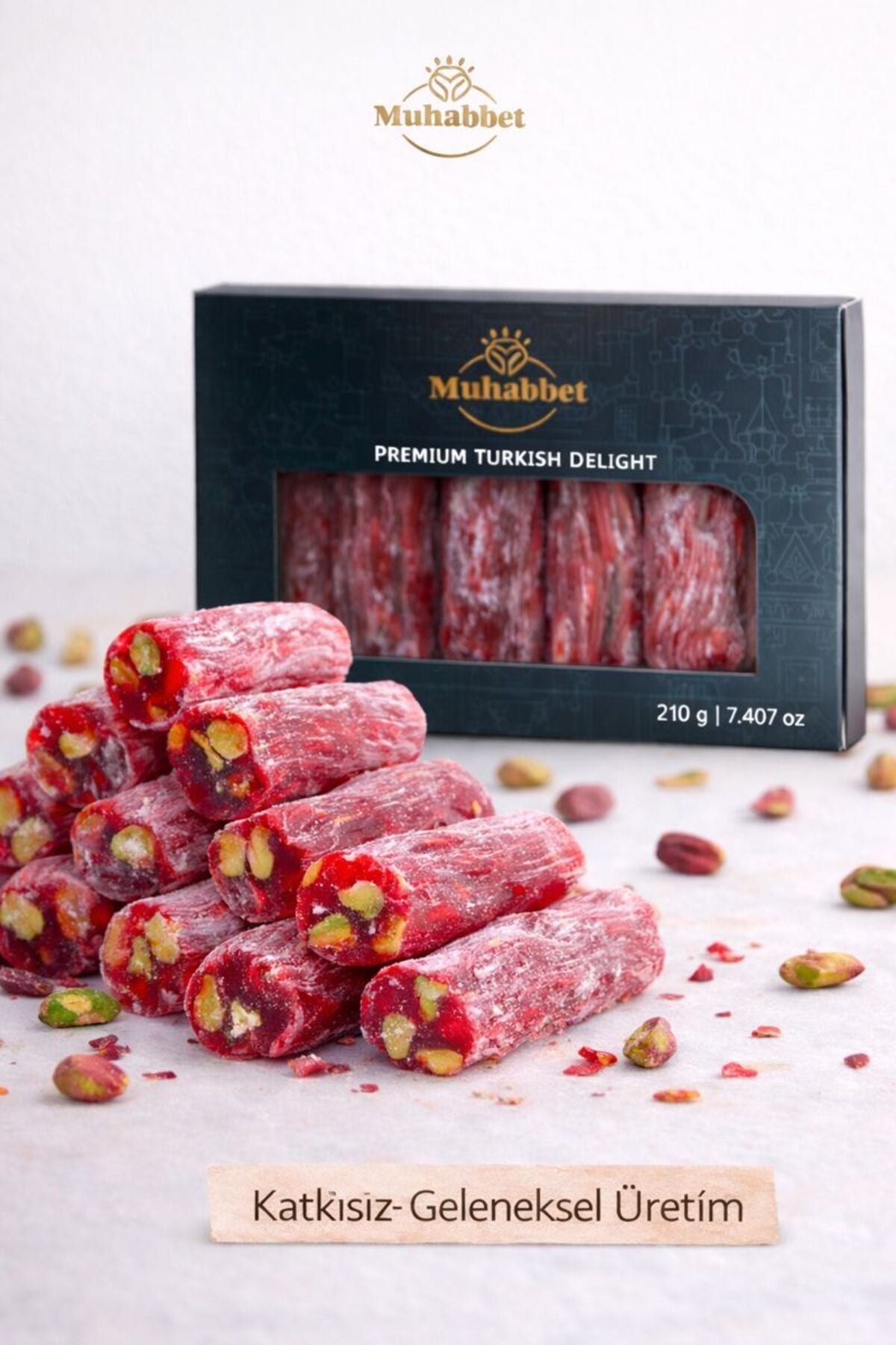 Muhabbet gida Pomegranate Flavored Pistachio parmak fitil Turkish Delight 210 g muhabbet Turkish Delight gunluk Fresh uretim