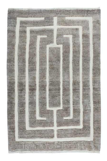 Tekin 183x275 cm Hand-Woven Tulu Rug, Handmade Beige and Gray Geometric Rug, 100% Wool, Living Room Rug - MALLTURK