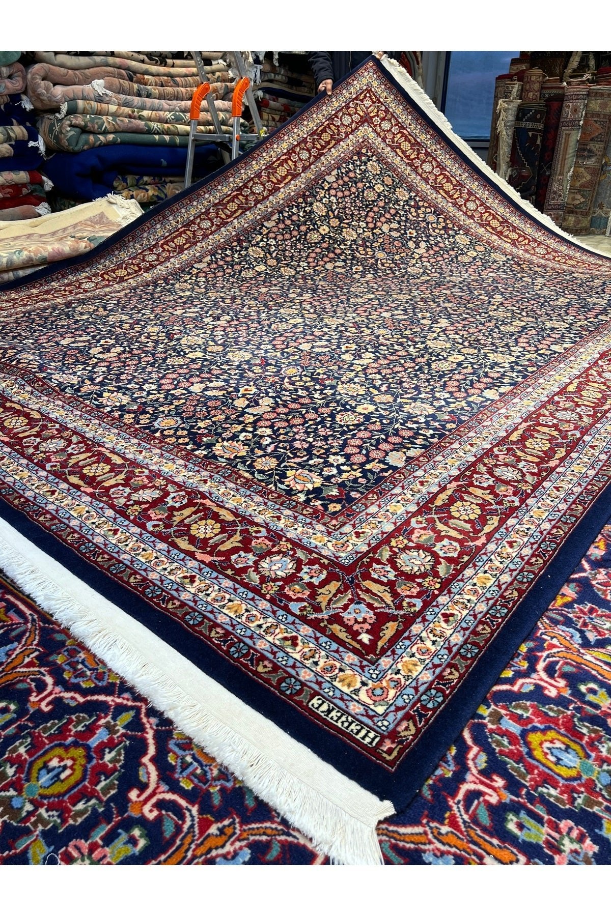 RD RAMAZAN DAG Hand Rug Art Hand-Woven Sumerbank Hereke Rug Signed Seven Mountains Flower Premium Quality Size 330x251 - MALLTURK