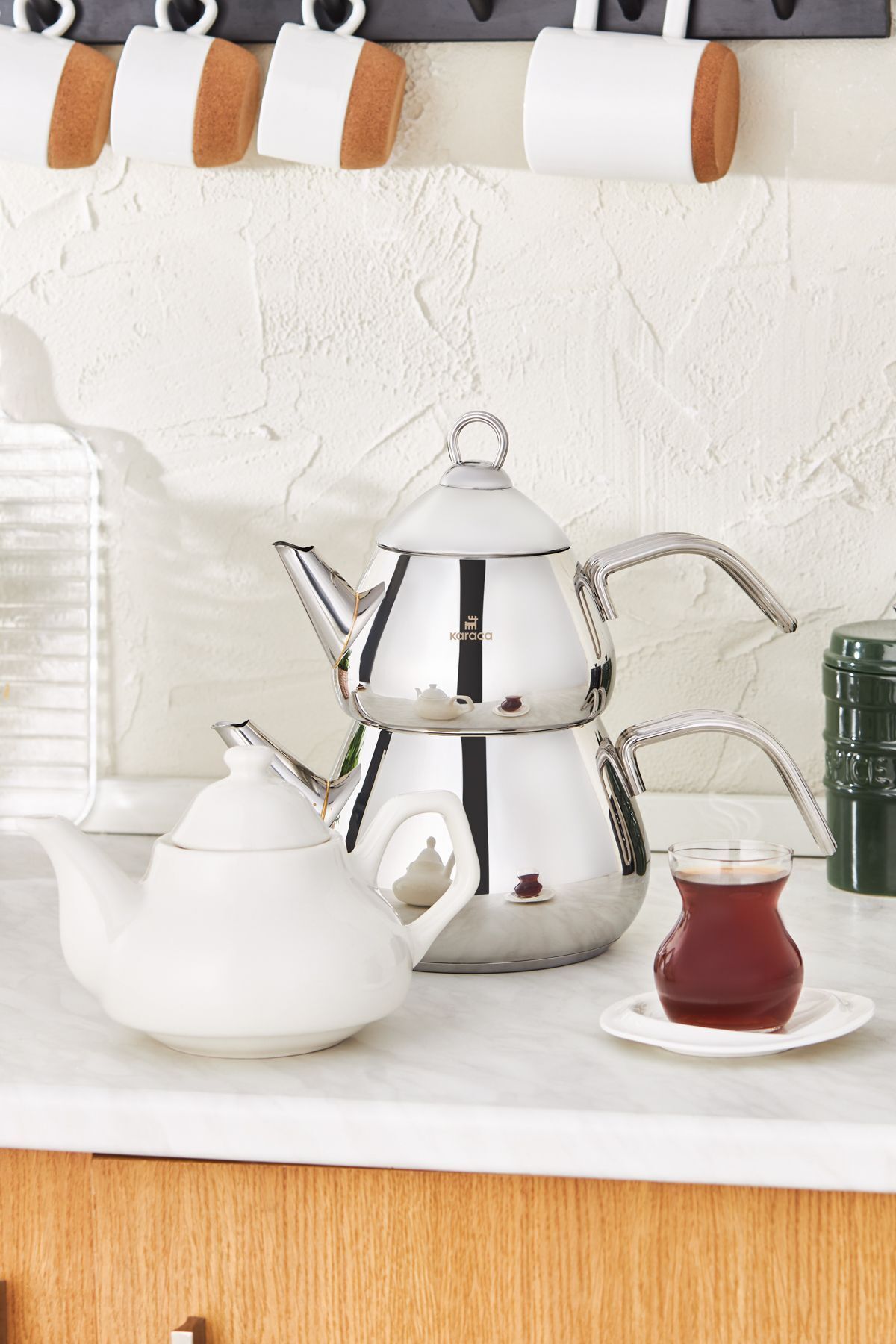 Karaca Porcelain Maxi Teapot Set with induction Base and Free Teapot - MALLTURK