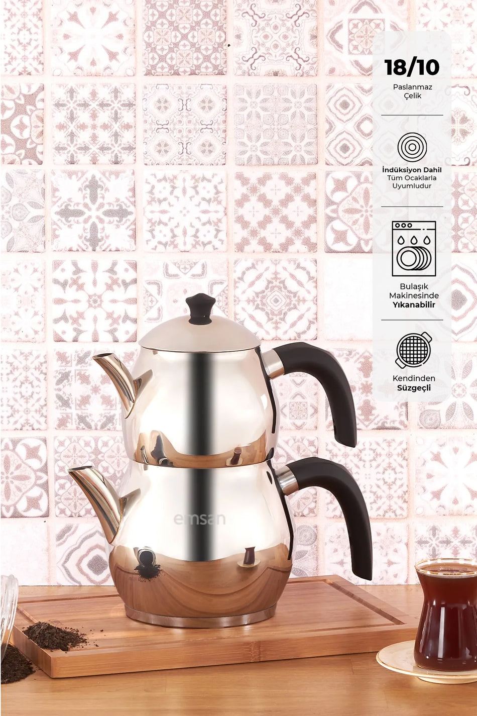 Emsan Cemre Maxi Black Teapot Set 1.0-2.0lt - MALLTURK