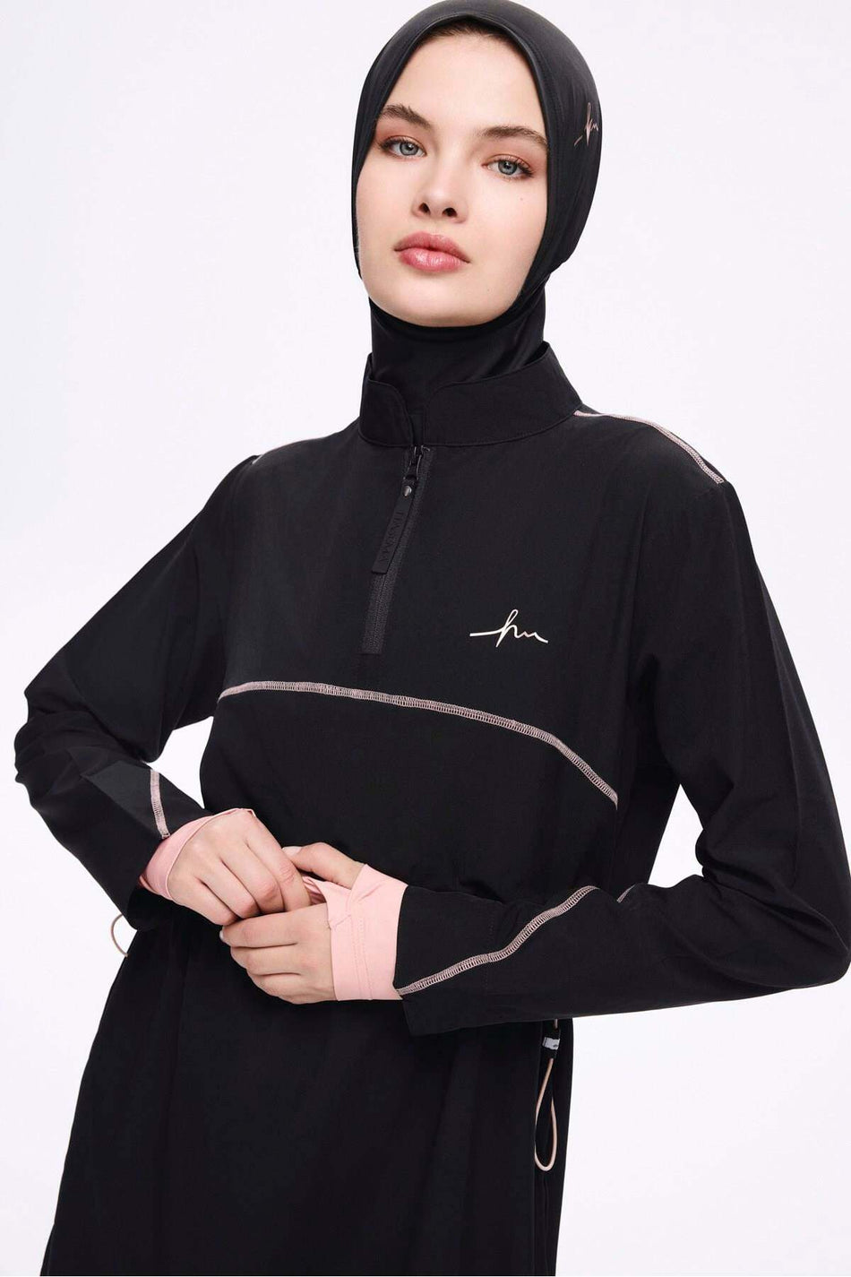 Hasema Esila Pink Trimmed Black 5-Piece Full Coverage Swimsuit Set with Sleeves 5078 - MALLTURK