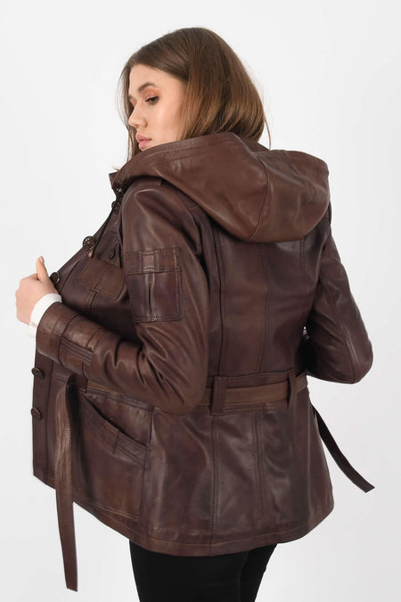 ALIN Sansa Women's Genuine Leather Hooded Belted Leather Jacket Brown - MALLTURK