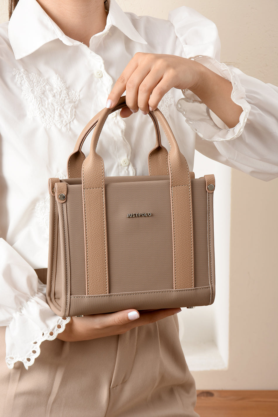 Just Polo, Beige, Epi Women's Hand and Shoulder Bag, Polo Fabric - MALLTURK