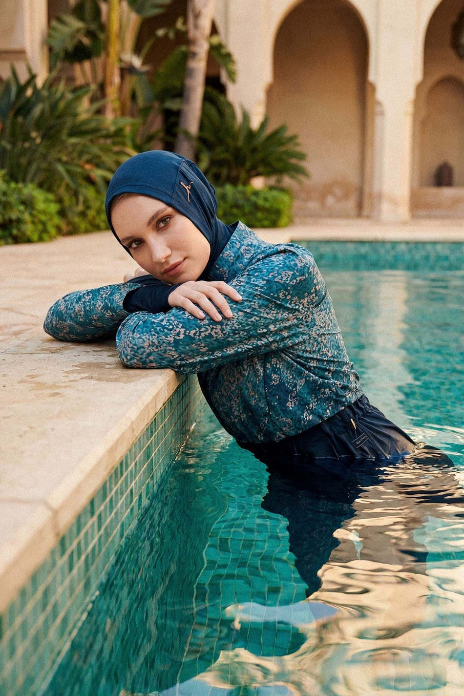 Hasema Vaha Collection Patterned Navy Blue 5-Piece Full Coverage Swimsuit Set 5088