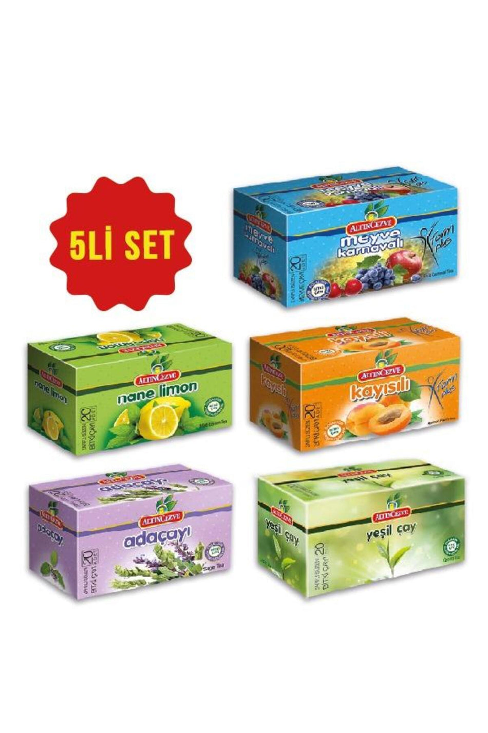Altincezve Teebeutel 5er-Pack (Minze-Zitrone, Salbei, Früchtekarneval, Grüner Tee, Aprikosengeschmack)