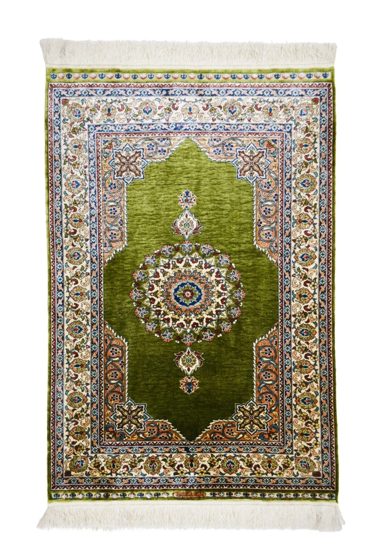 Handmade Pure Silk Hand-Woven Green Color Central Medallion Design Hereke Rug 76x110 cm (0.84 m2) - MALLTURK