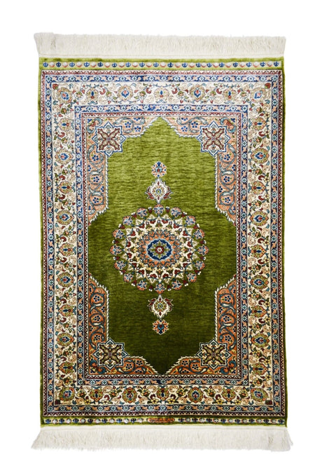 Handmade Pure Silk Hand-Woven Green Color Central Medallion Design Hereke Rug 76x110 cm (0.84 m2) - MALLTURK