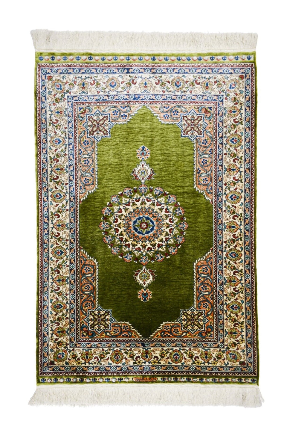 Handmade Pure Silk Hand-Woven Green Color Central Medallion Design Hereke Rug 76x110 cm (0.84 m2)