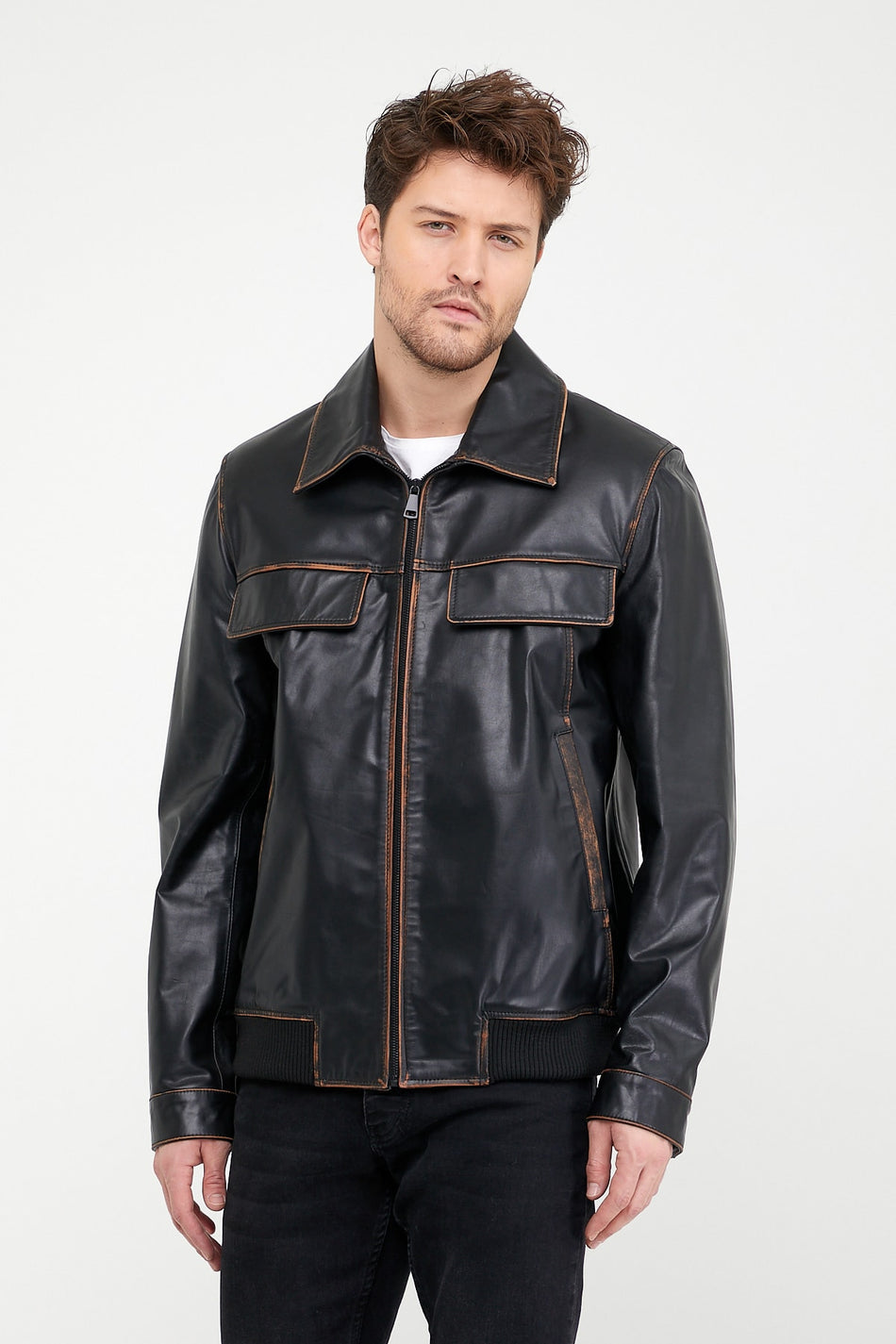 Chaqueta de cuero negra vintage con efecto degradado Leather Club