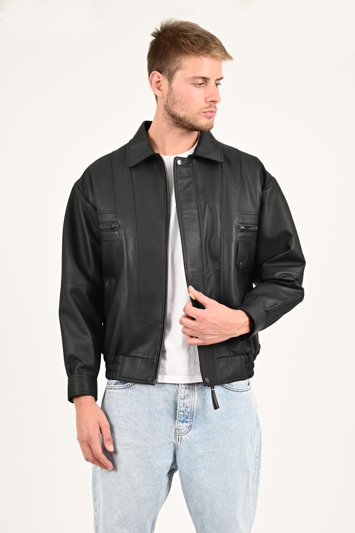 ALIN Beirut Men's Genuine Leather Oversized Leather Jacket Black - MALLTURK