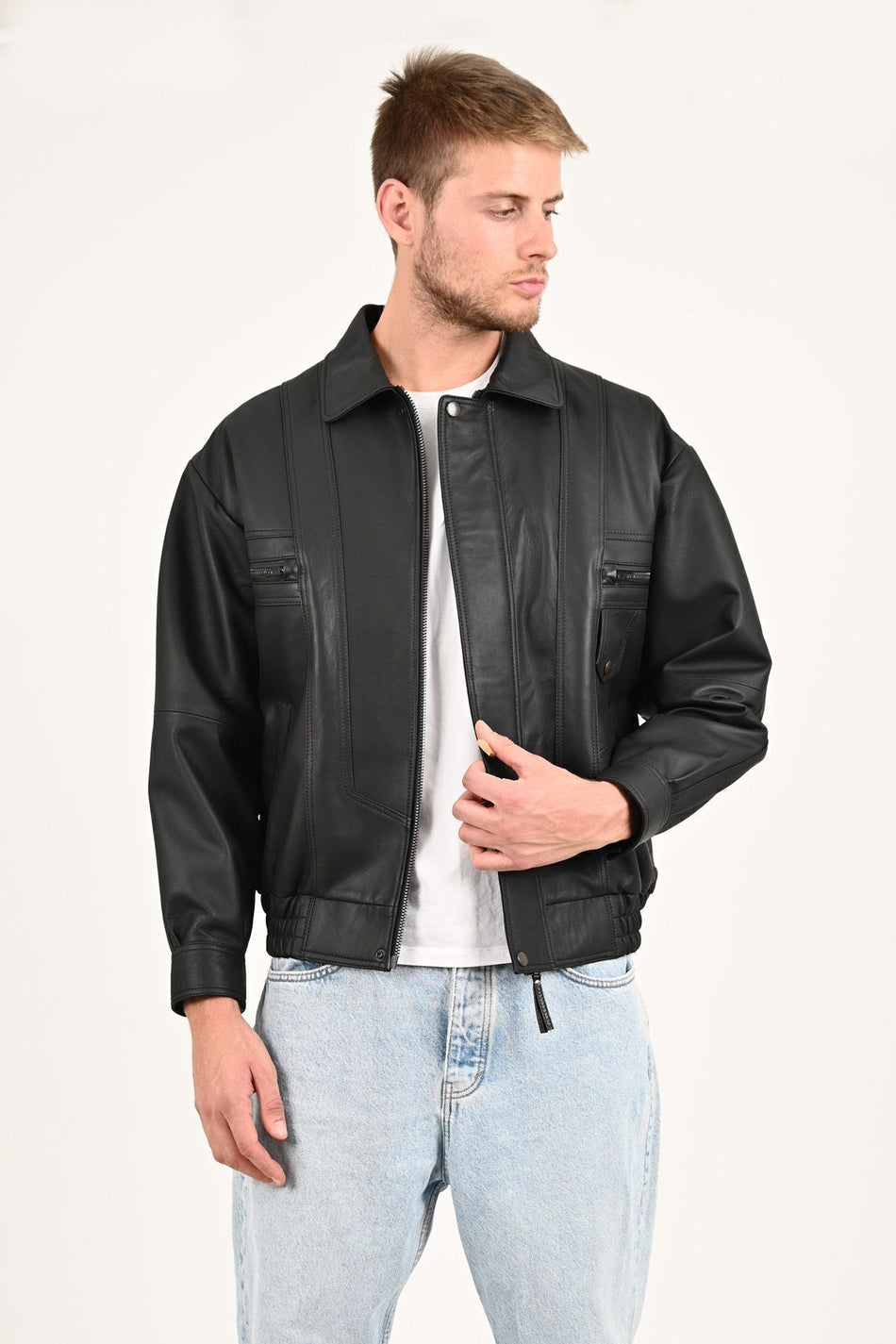 ALIN Beirut Men's Genuine Leather Oversized Leather Jacket Black