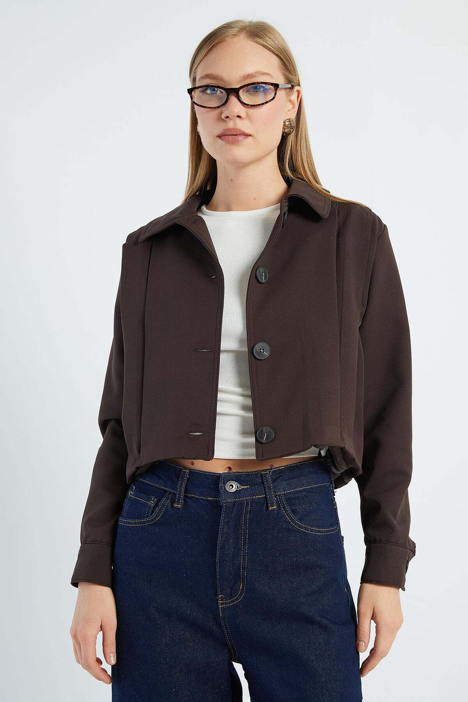 Pleated Double-Breasted Collar Cropped Trench Coat