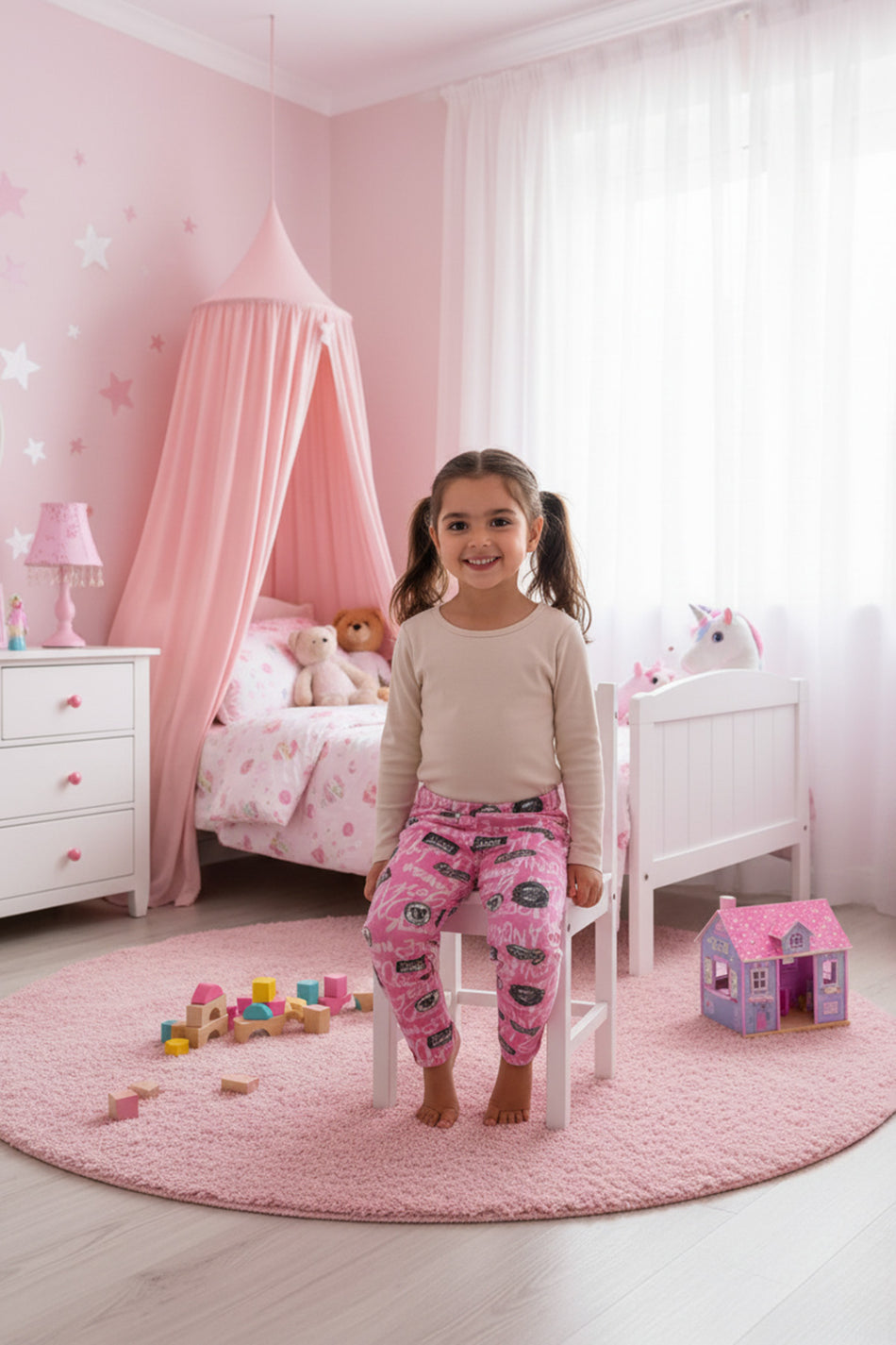 Girls' Fleece Pajama Bottoms with Letter Pattern and Elastic Waist