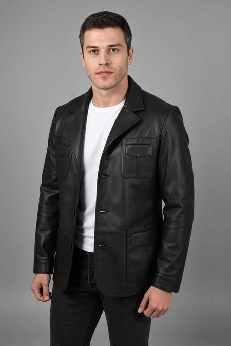 ALIN Martell Men's Genuine Leather Blazer Leather Jacket Black - MALLTURK