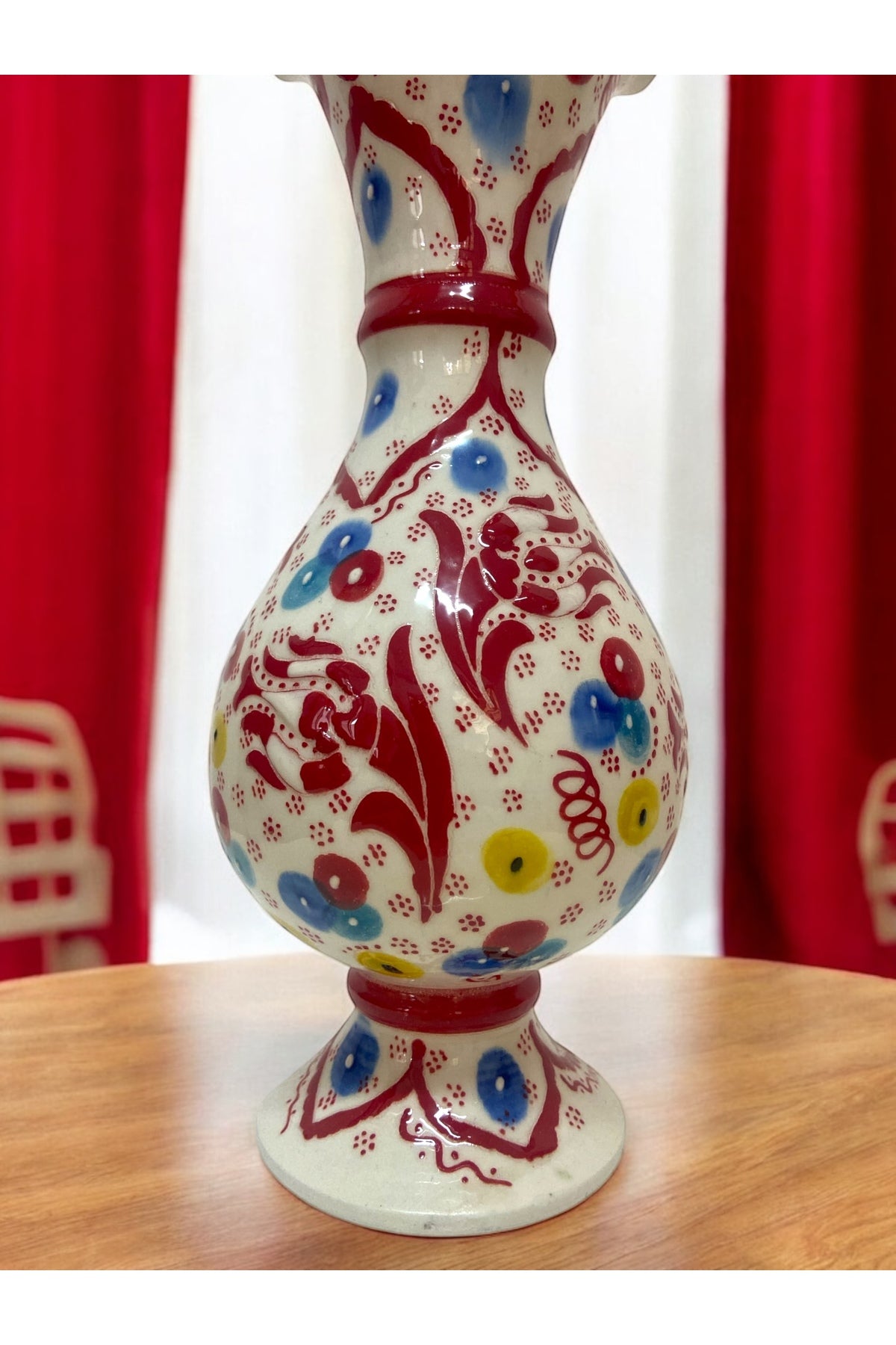 STORESZA Handmade Kutahya Ceramic Tulip Motif Red Hyacinth Vase - 25 cm - MALLTURK
