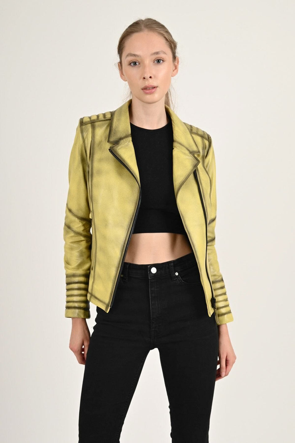 ALIN Alexa Genuine Leather Women's Yellow Biker Leather Jacket