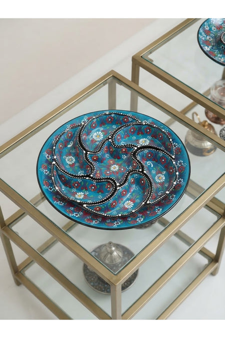 General Brands Handmade Traditional Flower Patterned Turquoise Ceramic Snack Bowl and Serving Plate - MALLTURK